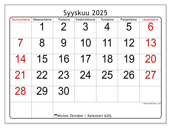 Tulostettava kalenteri, syyskuu 2025, 62SL