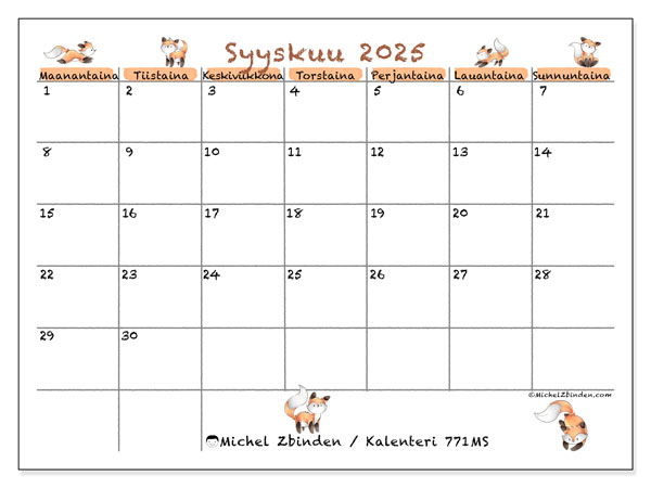 Tulostettava kalenteri, syyskuu 2025, 771MS