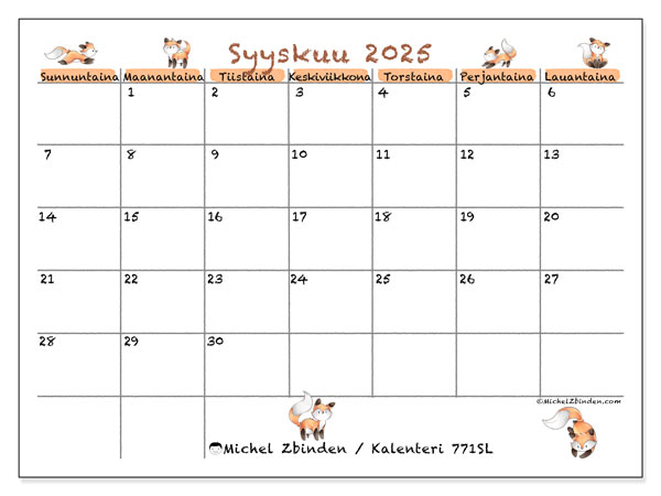 Tulostettava kalenteri, syyskuu 2025, 771SL
