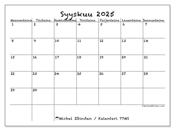 Tulostettava kalenteri, syyskuu 2025, 77MS