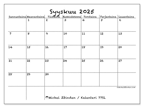 Tulostettava kalenteri, syyskuu 2025, 77SL