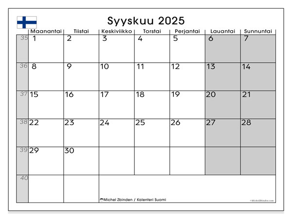 Kalender zum Ausdrucken, September 2025, Finnland (FI)