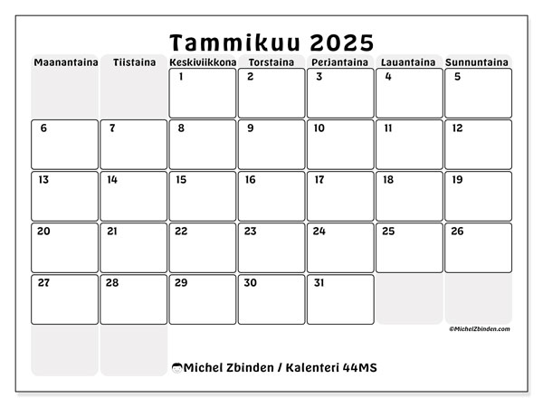 Kalenteri tammikuu 2025, 44MS. Ilmainen tulostettava aikataulu.