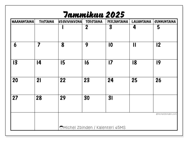 Kalenteri tammikuu 2025 “45”. Ilmainen tulostettava lehti.. Maanantaista sunnuntaihin