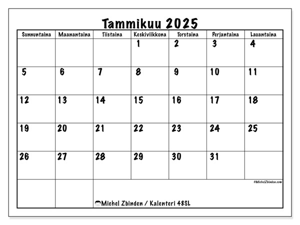 Kalenteri tammikuu 2025 “48”. Ilmainen tulostettava aikataulu.. Sunnuntaista lauantaihin