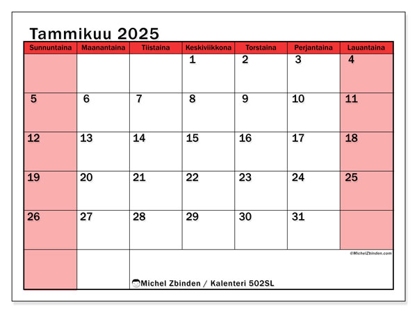 Kalenteri tammikuu 2025 “502”. Ilmainen tulostettava kartta.. Sunnuntaista lauantaihin