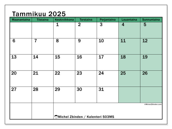 Kalenteri tammikuu 2025 “503”. Ilmainen tulostettava ohjelma.. Maanantaista sunnuntaihin