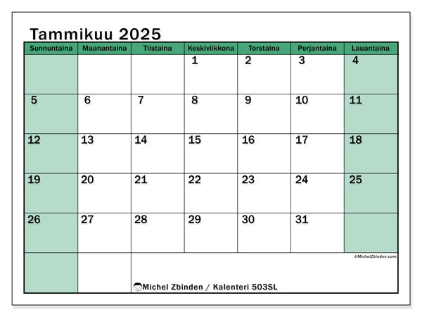 Kalenteri tammikuu 2025 “503”. Ilmainen tulostettava aikataulu.. Sunnuntaista lauantaihin