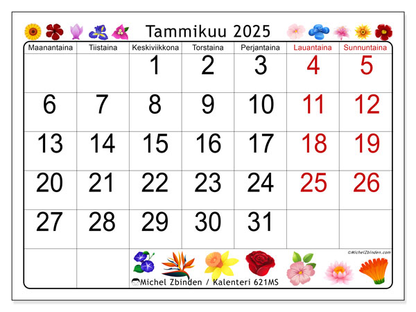 Kalenteri tammikuu 2025 “621”. Ilmainen tulostettava kalenteri.. Maanantaista sunnuntaihin