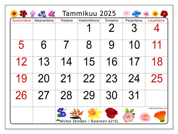 Kalenteri tammikuu 2025 “621”. Ilmainen tulostettava kalenteri.. Sunnuntaista lauantaihin
