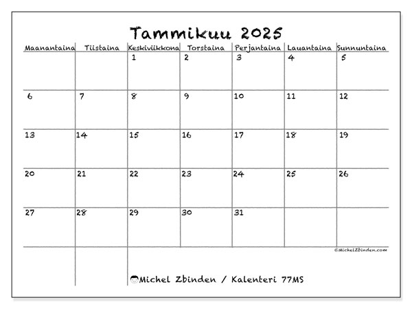 Kalenteri tammikuu 2025 “77”. Ilmainen tulostettava kalenteri.. Maanantaista sunnuntaihin