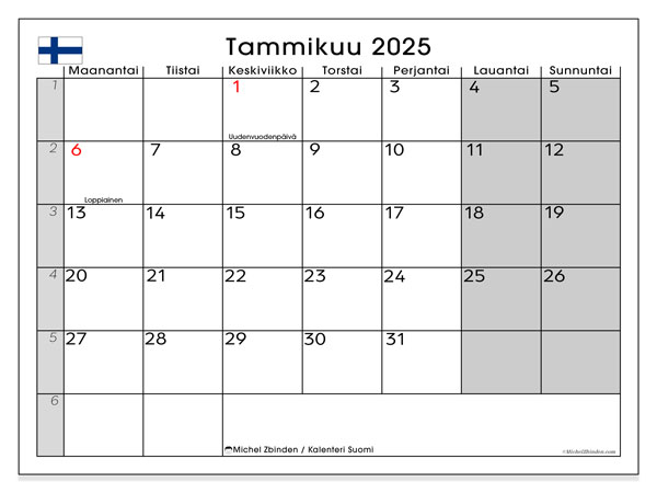 Kalenteri tammikuu 2025 “Suomi”. Ilmainen tulostettava lehti.. Maanantaista sunnuntaihin