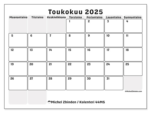 Kalenteri toukokuu 2025 “44”. Ilmainen tulostettava kartta.. Maanantaista sunnuntaihin