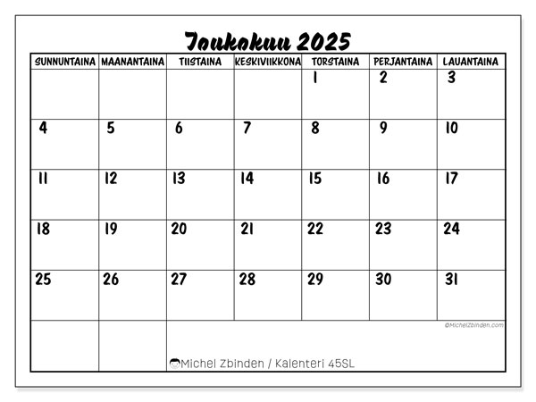 Tulostettava kalenteri, toukokuu 2025, 45SL