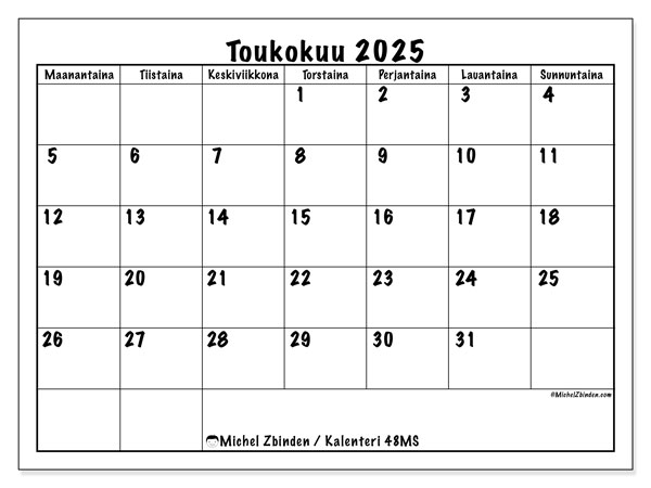 Kalenteri toukokuu 2025, 48SL. Ilmainen tulostettava lehti.