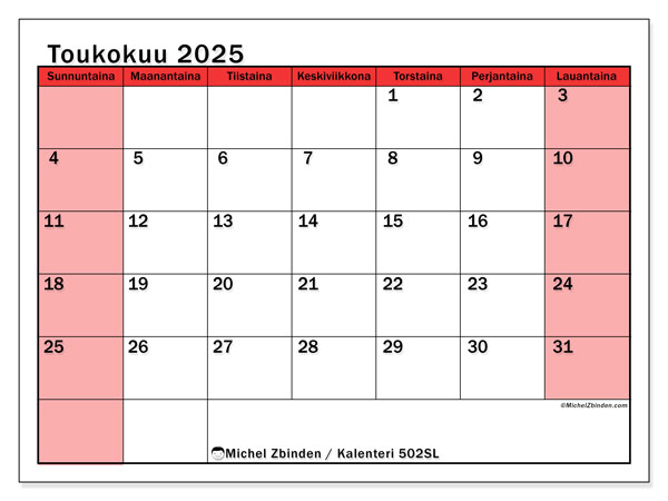 Kalenteri toukokuu 2025 “502”. Ilmainen tulostettava aikataulu.. Sunnuntaista lauantaihin