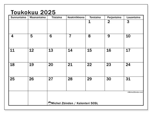 Kalenteri toukokuu 2025 “50”. Ilmainen tulostettava kartta.. Sunnuntaista lauantaihin