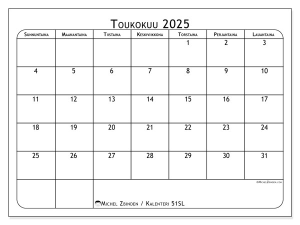 Tulostettava kalenteri, toukokuu 2025, 51SL