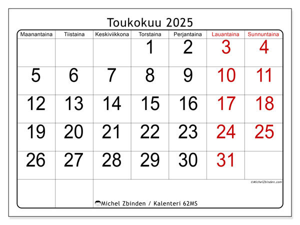 Tulostettava kalenteri, toukokuu 2025, 62MS