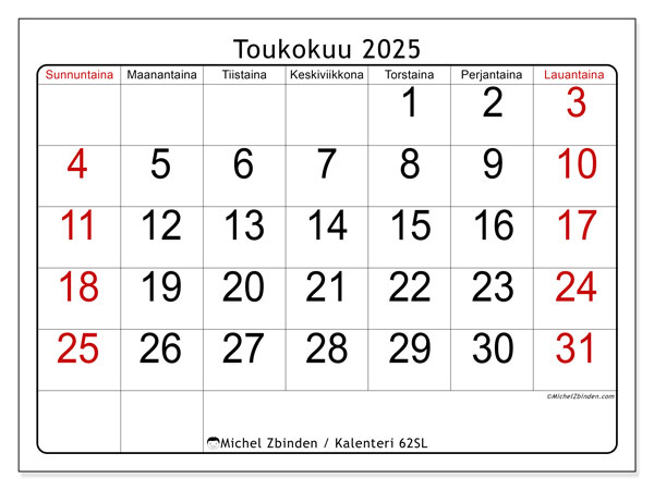 Tulostettava kalenteri, toukokuu 2025, 62SL