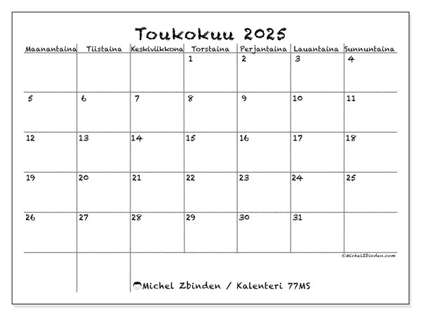Tulostettava kalenteri, toukokuu 2025, 77MS