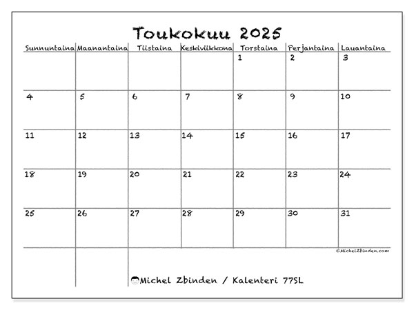 Tulostettava kalenteri, toukokuu 2025, 77SL