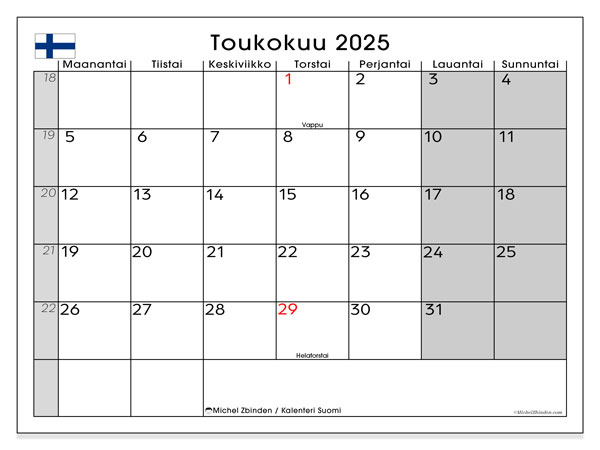Kalendarz do druku, maj 2025, Finlandia (FI)