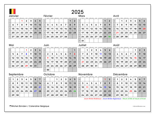 Calendario febbraio 2025 “Belgio (FR)”. Calendario da stampare gratuito.. Da lunedì a domenica