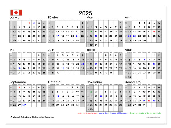 Kalender att skriva ut, årlig 2025, Kanada (FR)