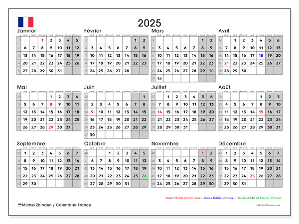 Kalendarz do druku, roczny 2025, Francja