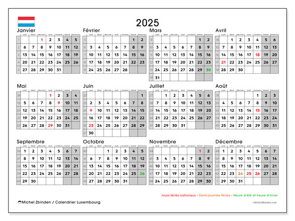 Calendario da stampare, annuale 2025, Lussemburgo (FR)