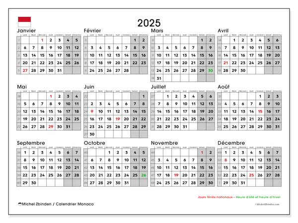 Kalendarz do druku, roczny 2025, Monako