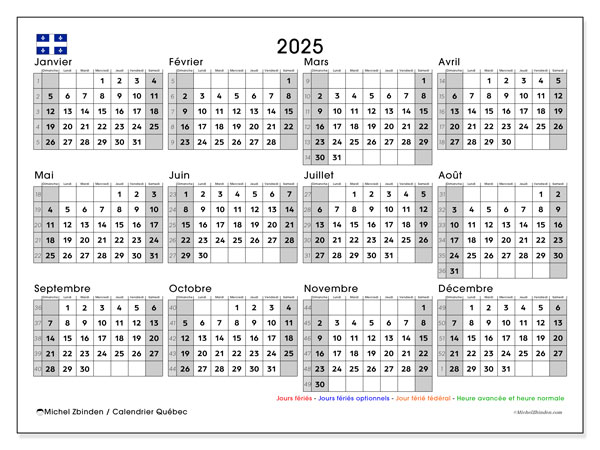 Kalender januar 2025 “Quebec”. Gratis journal for utskrift.. Søndag til lørdag