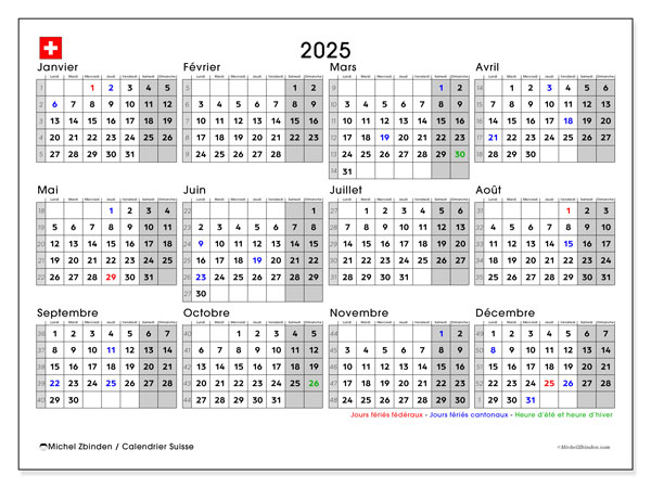 Kalender 2025, Zwitserland (FR). Gratis printbare kaart.