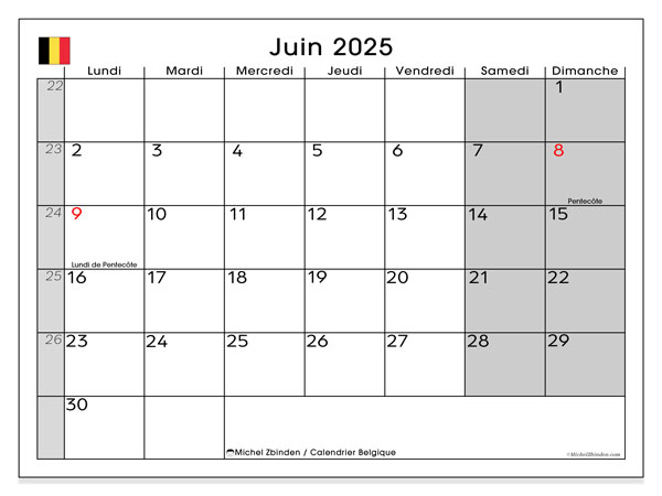 Kalenteri kesäkuu 2025, Belgia (FR). Ilmainen tulostettava kartta.