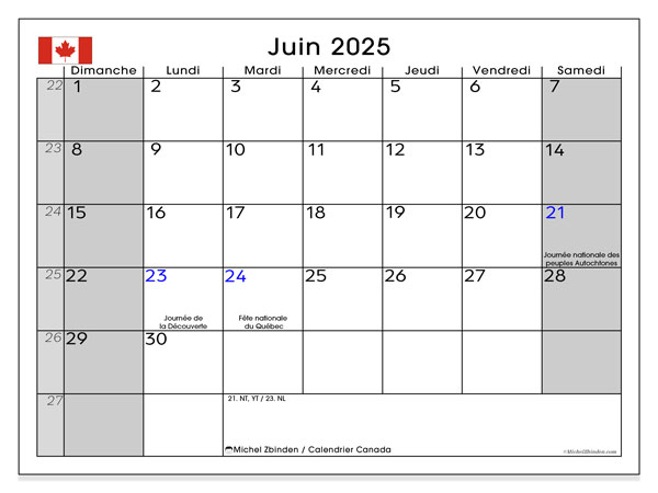 Kalender juni 2025, Canada (FR). Gratis kalender for utskrift.