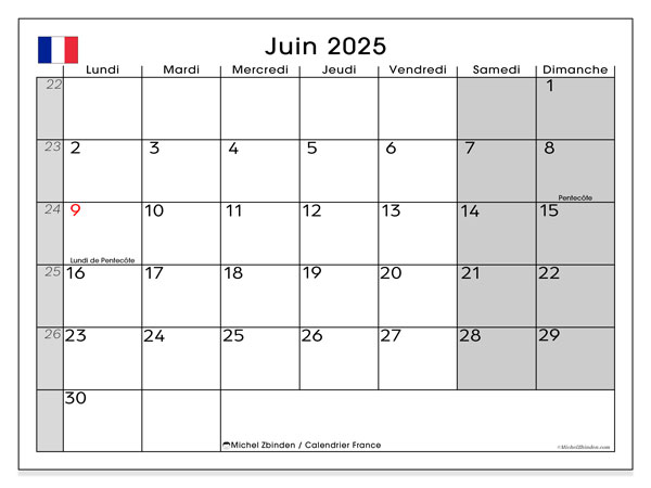 Kalender Juni 2025, Frankreich (FR). Plan zum Ausdrucken kostenlos.