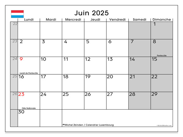 Kalender Juni 2025, Luxemburg (FR). Plan zum Ausdrucken kostenlos.