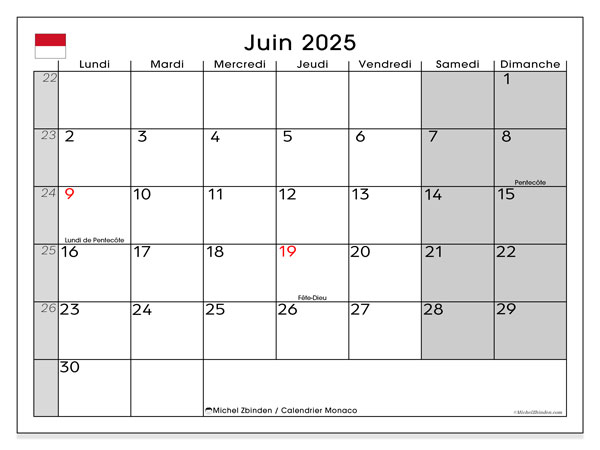 Kalender juni 2025, Monaco (FR). Gratis kalender for utskrift.