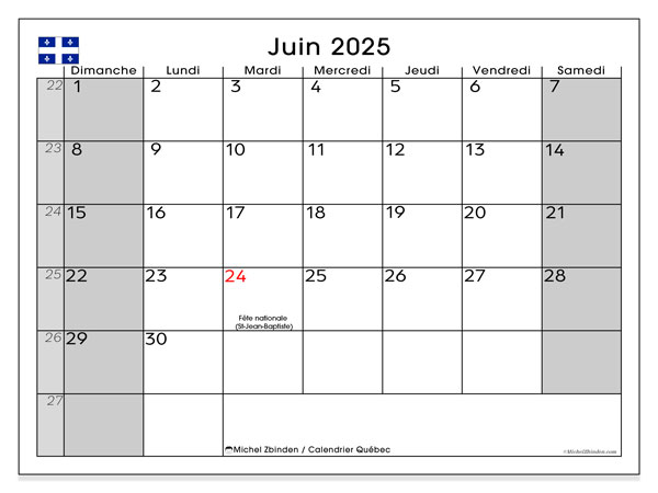 Kalender juni 2025, Quebec (FR). Gratis kalender for utskrift.