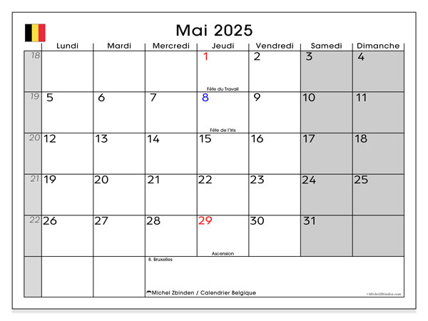 Calendario maggio 2025, Belgio (FR). Piano da stampare gratuito.