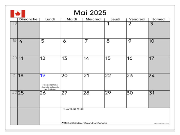 Calendar mai 2025, Canada (FR). Jurnal imprimabil gratuit.