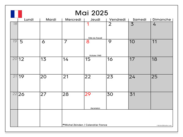 Kalender mei 2025, Frankrijk (FR). Gratis afdrukbare kalender.