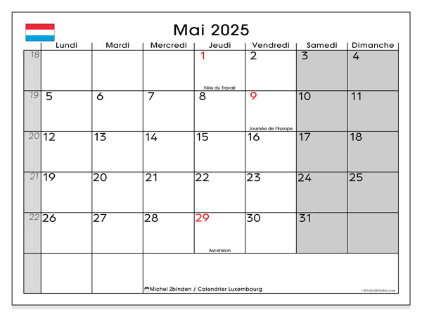 Calendar mai 2025, Luxemburg (FR). Jurnal imprimabil gratuit.