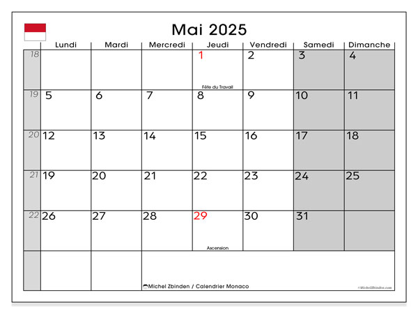 Kalender maj 2025, Monaco (FR). Schema för gratis utskrift.