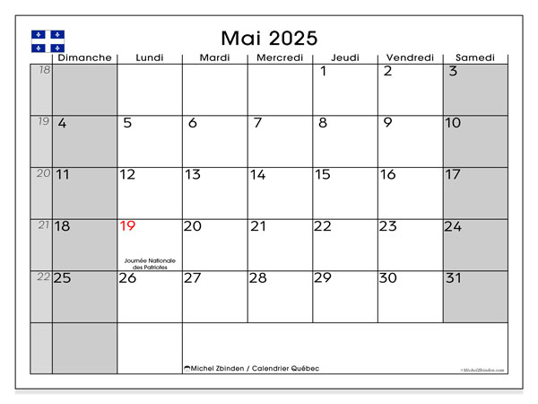 Kalendarz maj 2025, Quebec (FR). Darmowy terminarz do druku.