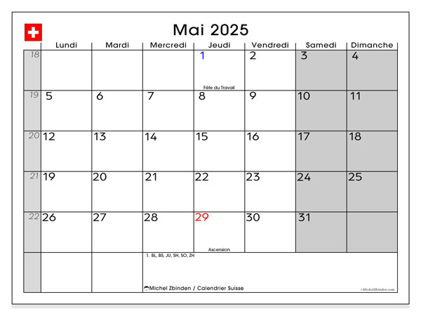 Calendario maggio 2025, Svizzera (FR). Piano da stampare gratuito.