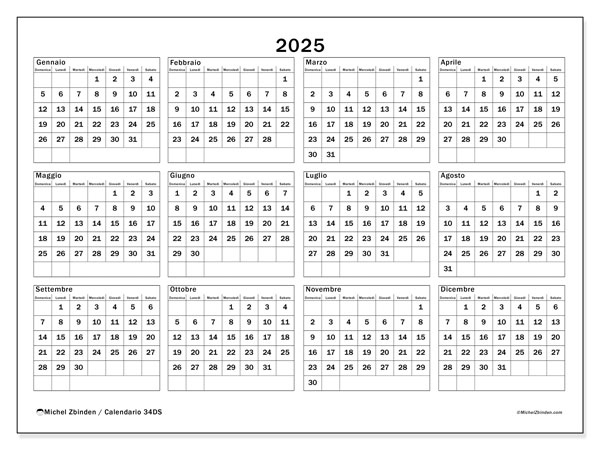 Calendario aprile 2025 “34”. Programma da stampare gratuito.. Da domenica a sabato