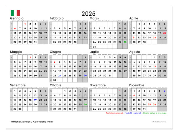 Calendario da stampare, annuale 2025, Italia