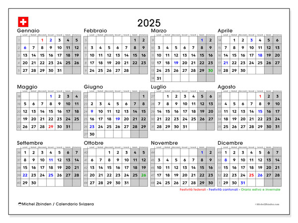 Kalender zum Ausdrucken, Jahrlich 2025, Schweiz (IT)